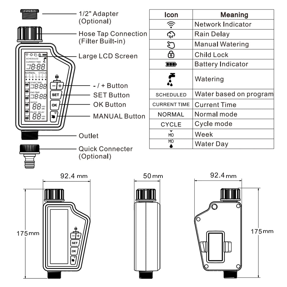 وحدة تحكم ري أوتوماتيكية بشاشة LCD كبيرة