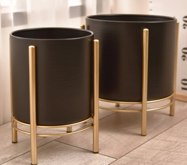 حوض نباتات أسود بقاعدة ذهبية